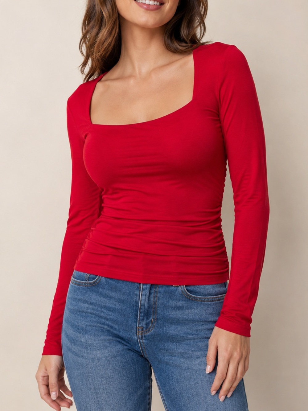 Pink Rose NWT Women Size M Luxe Classics Red Square Neck Ruched Top Red Modal